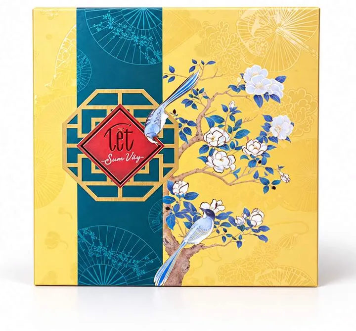 Set quà Tết tặng khách hàng nắp rời vàng xanh ngọc cành đào giao sớm